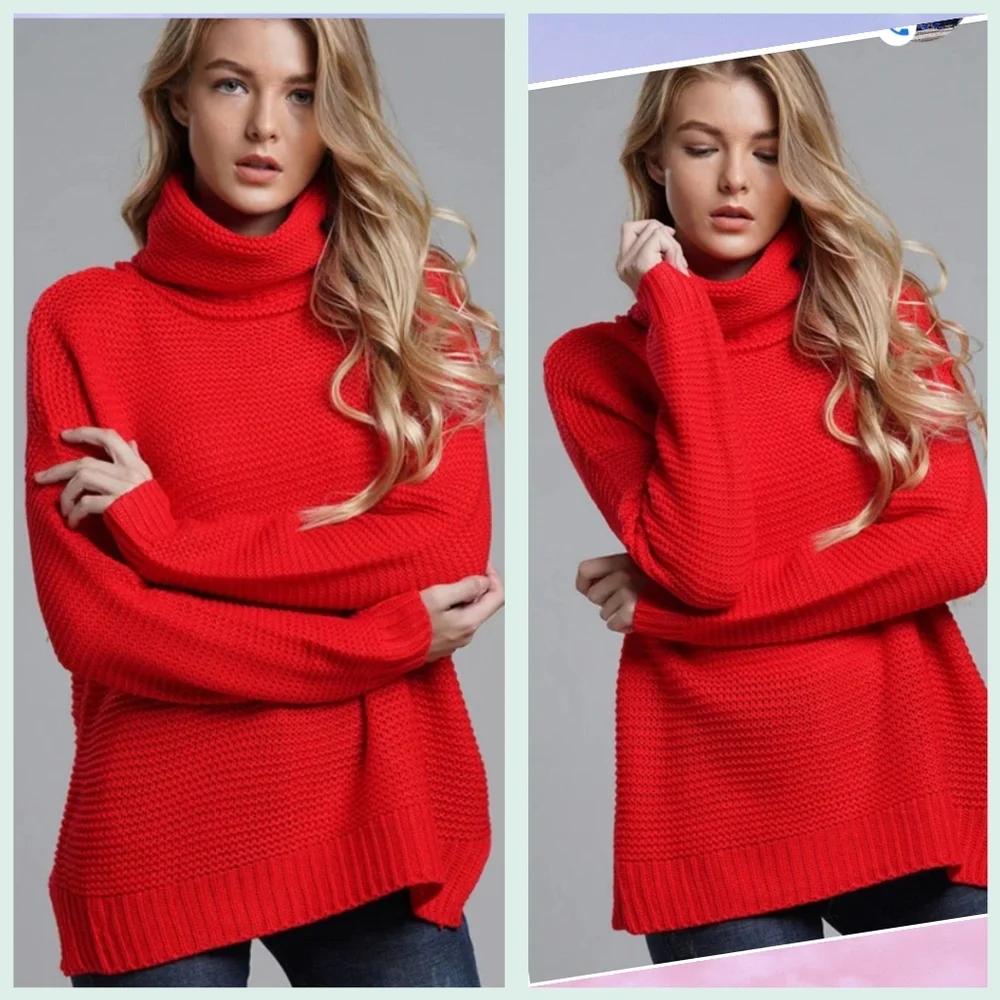 "Host Pick" New Warm Comfy Ribbed Red Winter Fall Turtleneck Sweater - Picture 2 of 8